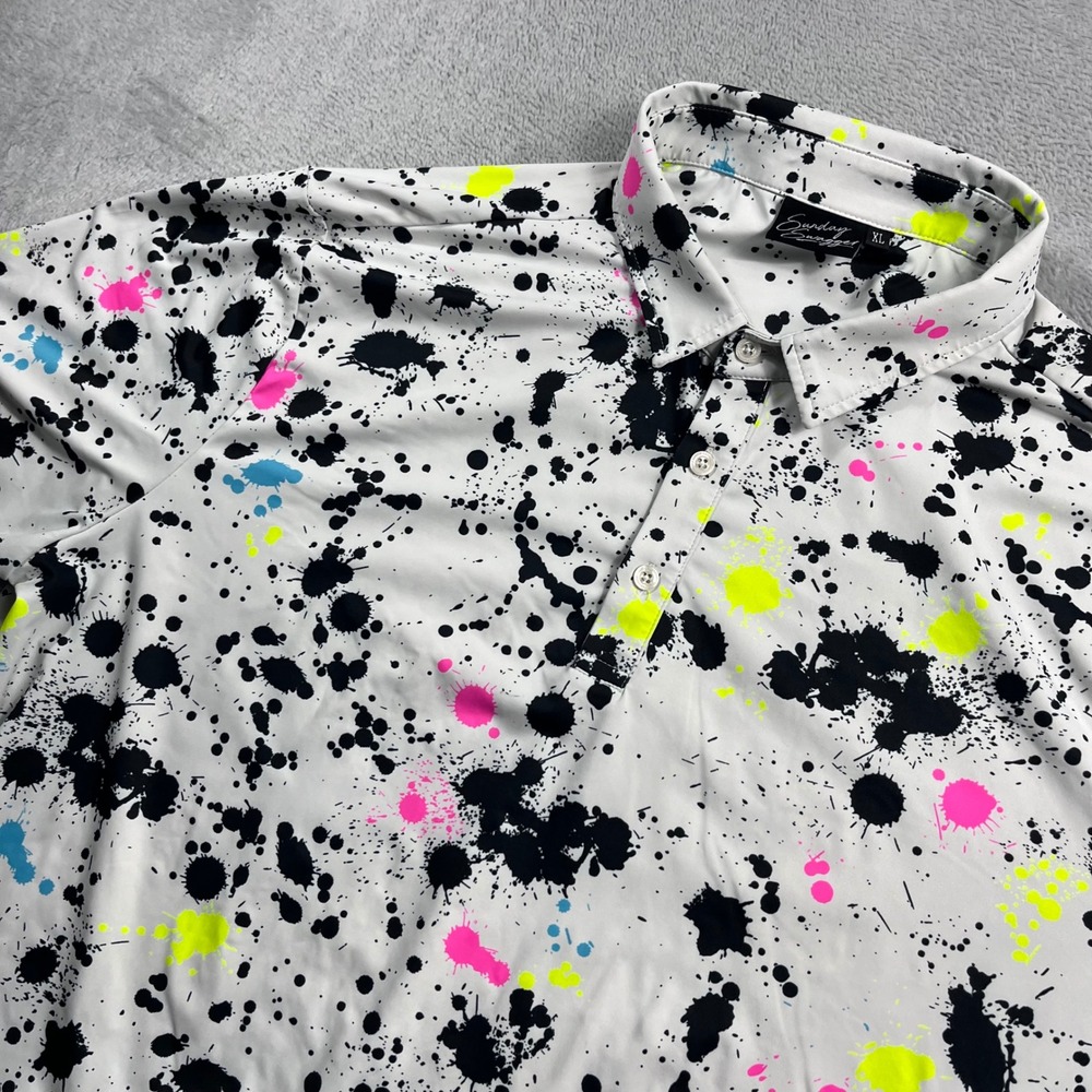 Sunday Swagger Mens XL Golf Polo Shirt Neon Paint Splatter White Black Pink Blue
